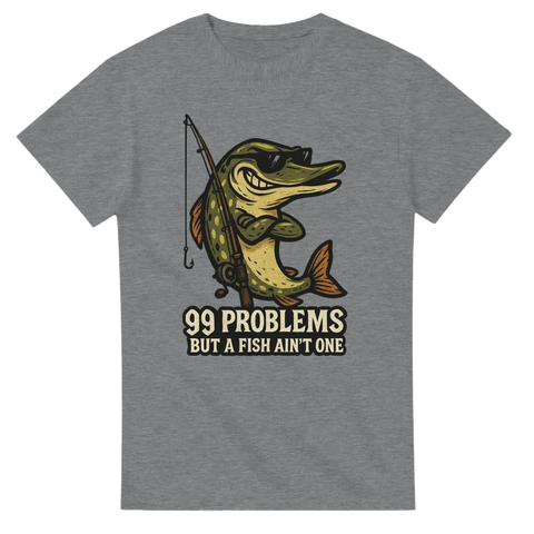 T-shirt med tecknad gädda i solglasögon och texten "99 Problems But a Fish Ain’t One"