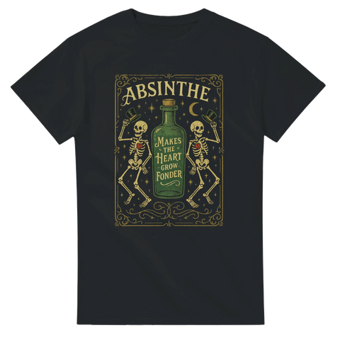T-shirt med absinthe-flaska, två dansande skelett och texten "Absinthe makes the heart grow fonder"