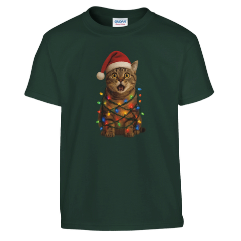 Barn t-shirt med katt i tomteluva och julgransslingor – Julkatten motiv