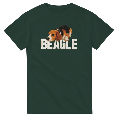 Mörkgrön unisex t-shirt med realistisk beagle och texten “BEAGLE” – perfekt för hundälskare.