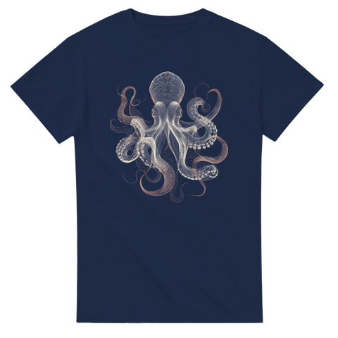 T-shirt med stiliserad bläckfisk i vitt och blått mot marinblå bakgrund