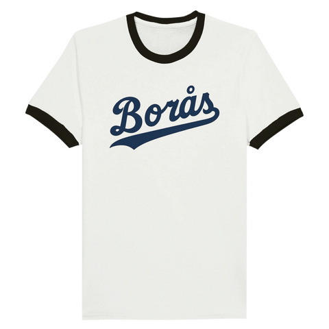 Vit ringer t-shirt med svarta detaljer och mörkblå “Borås”-text i retrostil