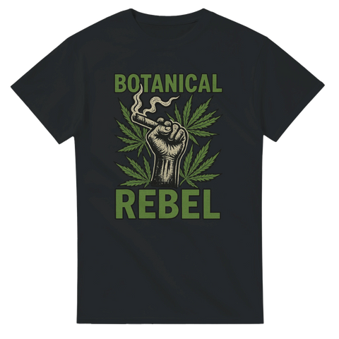 Svart t-shirt med motiv av en knuten näve som håller en rykande joint framför stora cannabisblad och texten "Botanical Rebel"