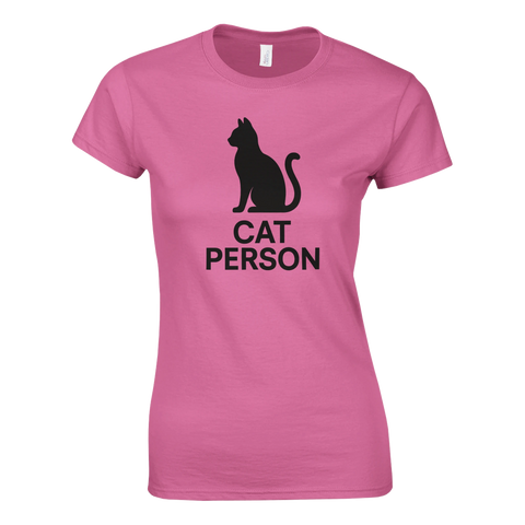 Rosa dam-t-shirt med svart siluett av en katt och texten "Cat Person"