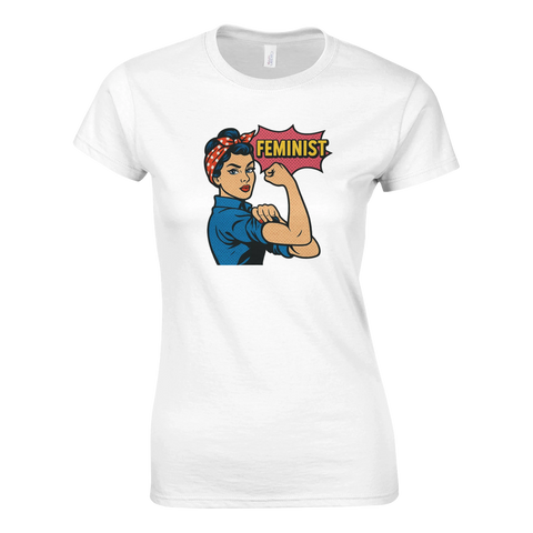 Feministisk t-shirt med pop art-illustration av stark kvinna och texten "Feminist!"