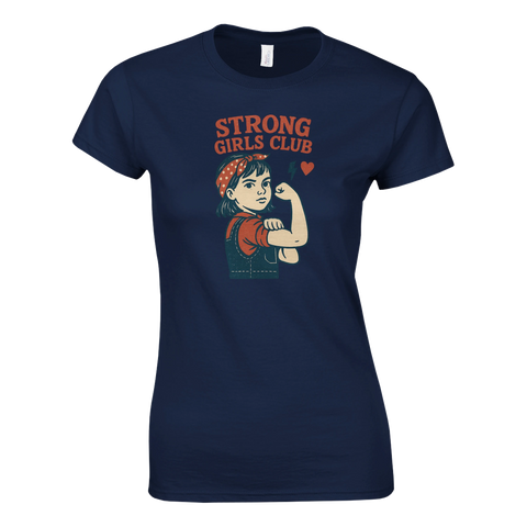 T-shirt för kvinnor med tryck: "Strong Girls Club" och en tecknad flicka som gör en styrkegest