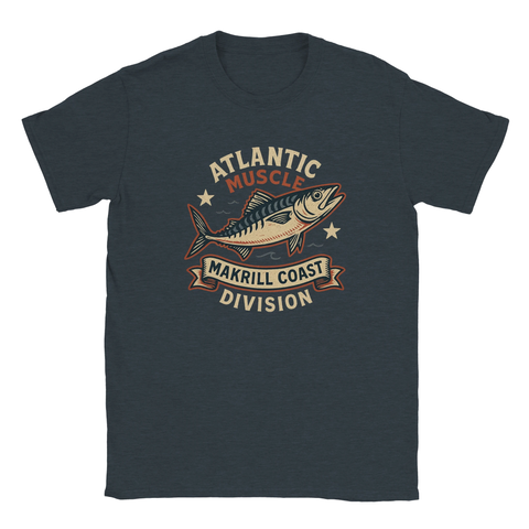 Mörkgrå t-shirt med illustration av en makrill och texten "Atlantic Muscle – Makrill Coast Division"