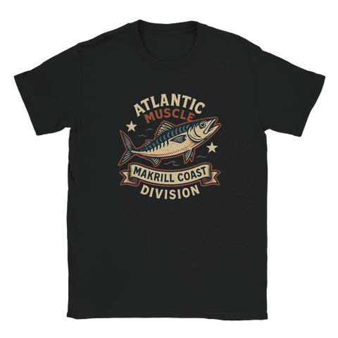 Svart t-shirt med illustration av en makrill och texten "Atlantic Muscle – Makrill Coast Division"