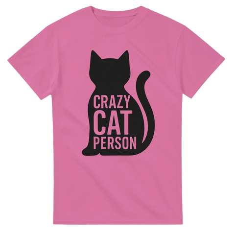 Rosa T-shirt Original med en svart katt-silhuett och texten "Crazy Cat Person" – perfekt för kattälskare och cat moms