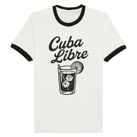 Vit ringer-t-shirt med svart illustration av drinken Cuba Libre och handtextad rubrik