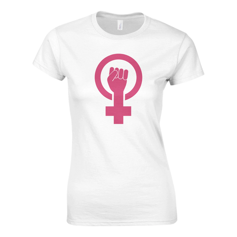 Snygg t-shirt med feministisk symbol i rosa och knuten näve