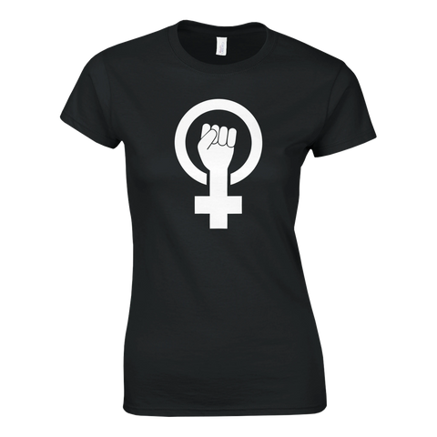 Svart damt-shirt med vit feministisk symbol – knuten näve i cirkel med kors