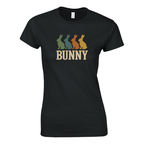 T-shirt dam med retrodesign, fyra färgglada kaniner och texten Bunny. Rolig och snygg kanintröja för djurälskare.