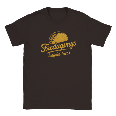 Brun t-shirt med retrotext "Fredagsmys betyder tacos" och en tacografik