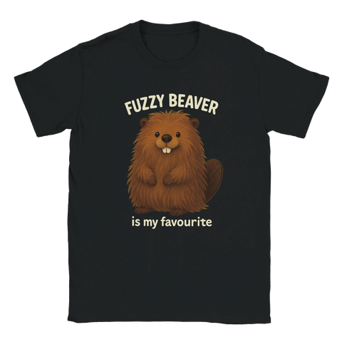 Svart t-shirt med tecknad lurvig bäver och texten "Fuzzy Beaver is my favourite", perfekt som humorpresent till vuxna med skämtsam stil