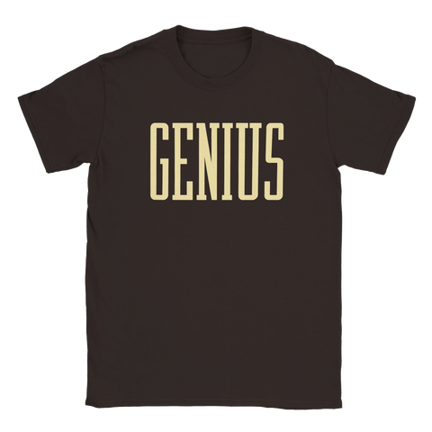 Kul t-shirt med stort tryck i beige text: GENIUS