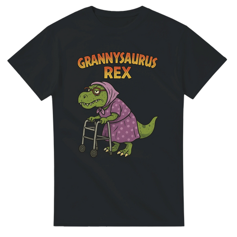 Svart t-shirt med motiv av Grannysaurus Rex, en tecknad dinosaurie-mormor med rullator, rolig present till farmor, mormor eller äldre släkting