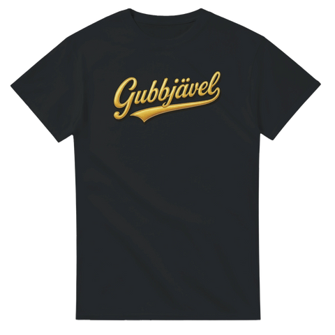 Svart t-shirt med retro textdesign "Gubbjävel" i guldscript