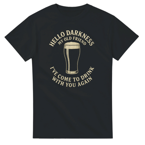 T-shirt med texten Hello Darkness My Old Friend och pintglas i retrostil.