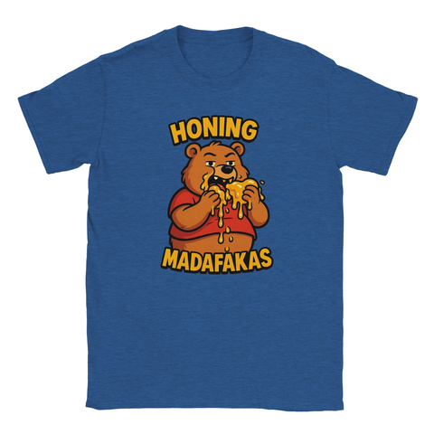 T-shirt med rolig björn som äter honung och texten "Honing Madafakas"