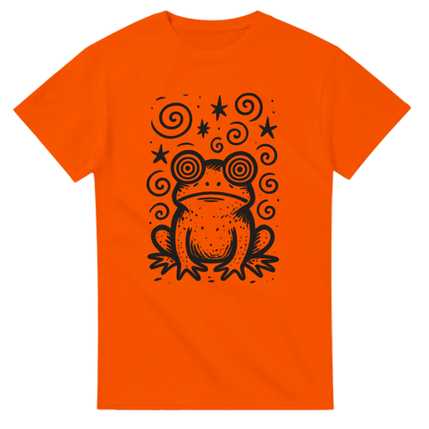 T-shirt med svart teckning av hypnotisk groda med spiralögon och stjärnor
