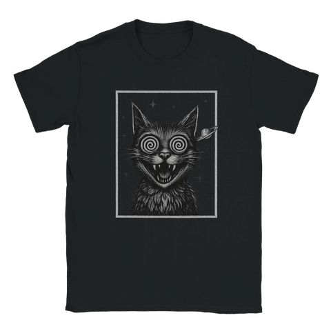 T-shirt med hypnotisk tecknad katt med spiralögon och galet flin