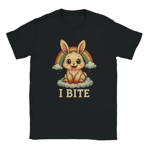 T-shirt med söt kanin, regnbåge och texten "I BITE"