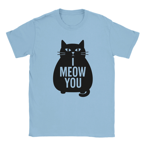 Ljusblå T-shirt Classic med texten "I Meow You" och en grafisk silhuett av en söt, rund katt – perfekt present till kattälskare