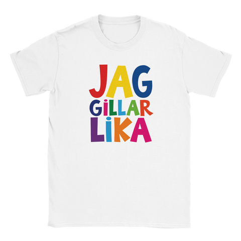 Vit t-shirt med regnbågsfärgad text "Jag gillar lika"