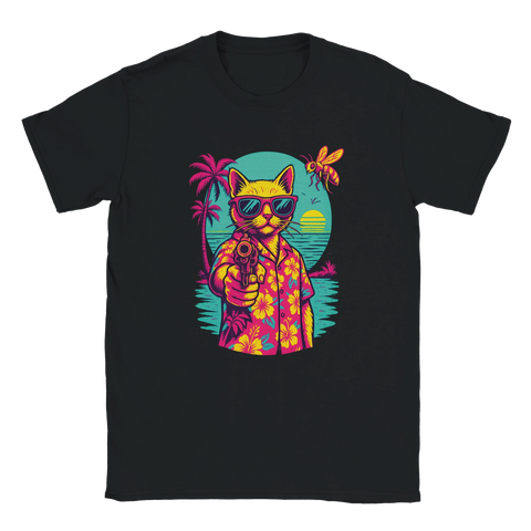 T-shirt med katt i Hawaii-skjorta som håller i pistol, neonstil