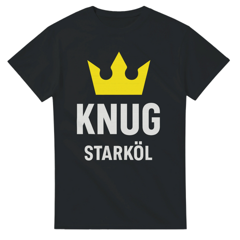 Svart t-shirt med gul krona och texten KNUG STARKÖL i satirisk stil