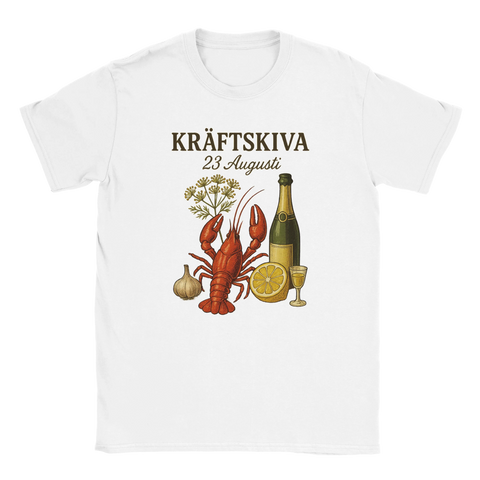 T-shirt med motiv av kräfta, dill, snaps, citron, vitlök och texten "Kräftskiva 23 Augusti"