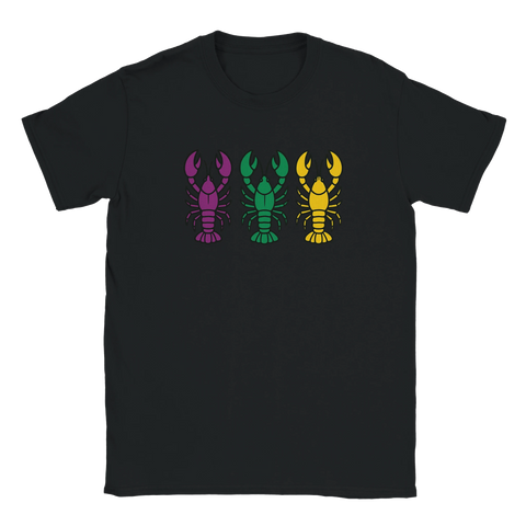 T-shirt med tre kräftor i neonfärger – lila, grön och gul – på svart bakgrund