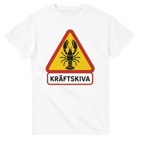 T-shirt med varningsskylt och texten "Kräftskiva" samt kräftmotiv