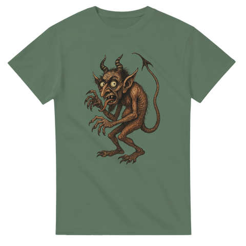 T-shirt med tecknad liten demon med klor, horn och svans i vintage-stil