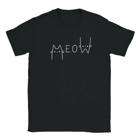 Svart t-shirt med vit minimalistisk text MEOW utformat med kattöron och morrhår