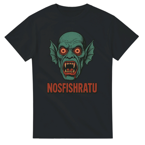 T-shirt med grön vampyrfisk och texten Nosfishratu, parodi på Nosferatu