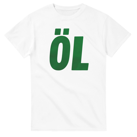 Rolig t-shirt med stort grönt tryck som säger ÖL.