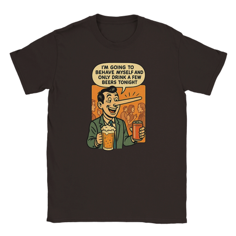 Brun t-shirt med retrodesign av man med öl och Pinocchio-näsa, text "I’m going to behave myself and only drink a few beers tonight"
