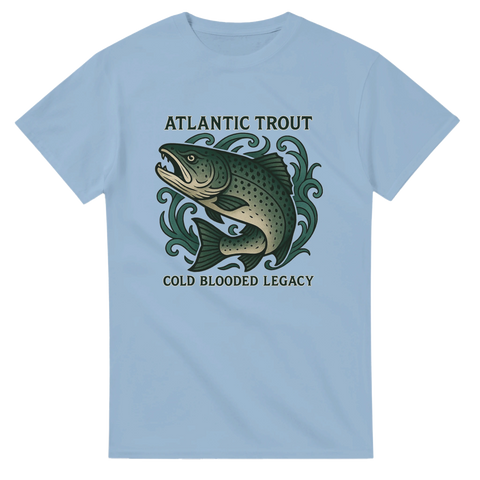 Ljusblå t-shirt med illustration av en atlantisk öring och texten "Atlantic Trout – Cold Blooded Legacy"
