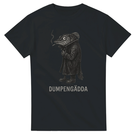 Svart t-shirt med tecknad gädda i människokläder och texten “Dumpengädda”