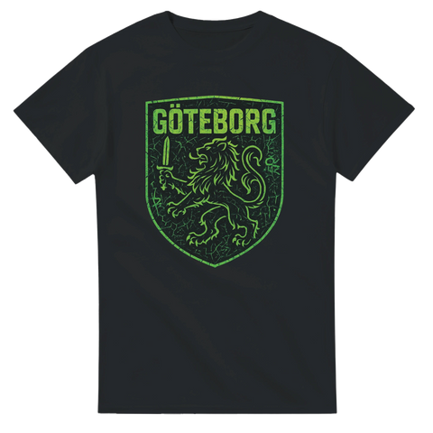 Svart t-shirt med grön vapensköld, lejon och texten “Göteborg”