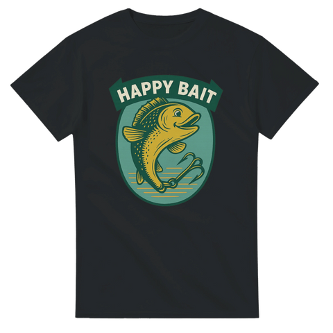 Svart t-shirt med tecknad glad fisk i vattnet och texten "Happy Bait" ovanför i grönt och vitt