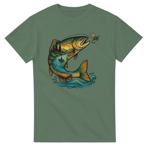 Grön t-shirt med färgstark öring som hoppar mot fluga, med skog och fjäll inbyggda i fisken