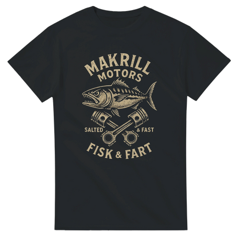 Svart t-shirt med makrill ovanpå två motorcylindrar, texten "Makrill Motors – Fisk & Fart – Salted & Fast"