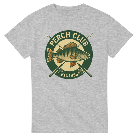 Grå t-shirt med vintagebadge av abborre, text "Perch Club – Est. 1956" med korslagda fiskespön