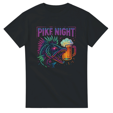 Svart t-shirt med neonfärgad gädda som stirrar på ett ölglas, text "Pike Night" i lysande stil