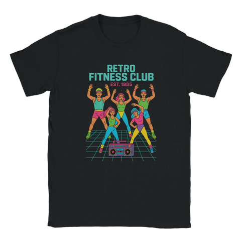 Svart t-shirt med 80-talsinspirerad design föreställande fem personer i neonfärgade träningskläder som gör aerobics framför en boombox