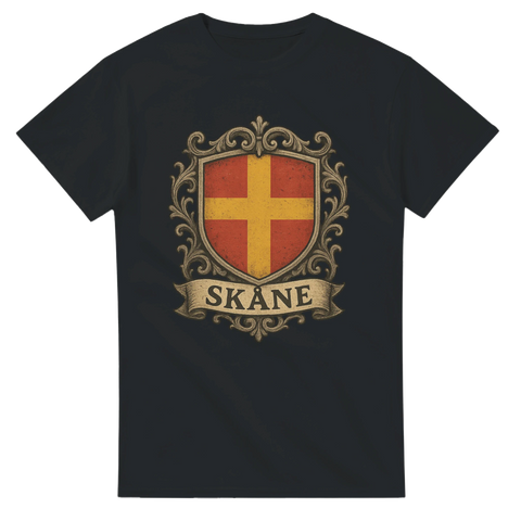 Svart t-shirt med Skånes vapensköld i rött och gult med dekorativ ram.