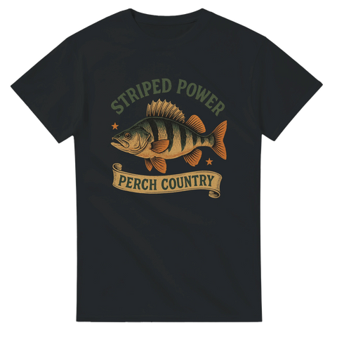 Svart t-shirt med illustration av en abborre och texten "Striped Power – Perch Country"